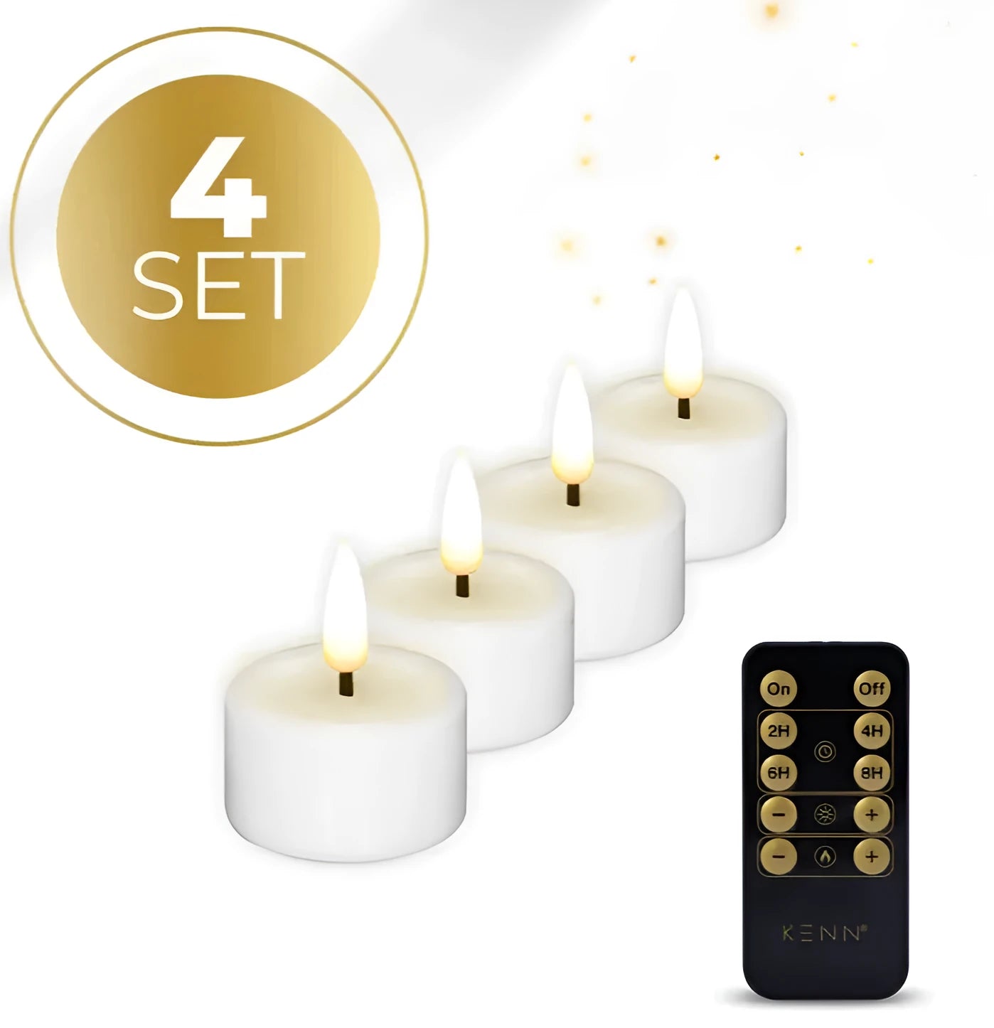 Four white S4 LED flameless tealight candles showing flickering flame effect.