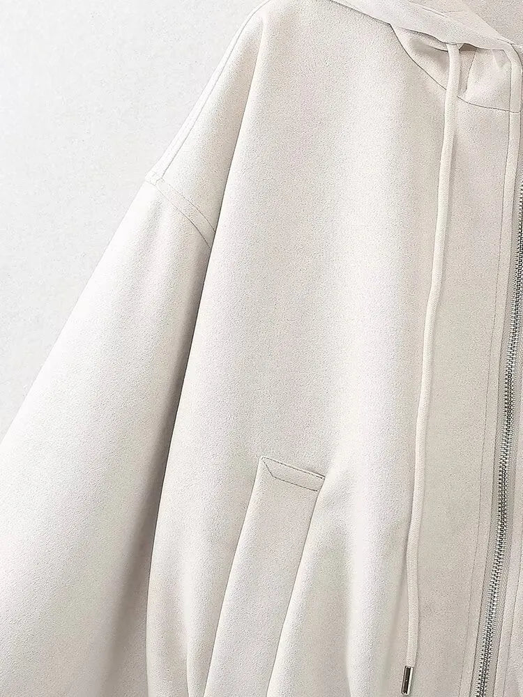 Women's casual suede hooded jacket in black or white colour options