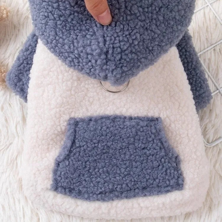 Brown hooded cotton-padded dog coat with long sleeves and an adjustable belly strap.