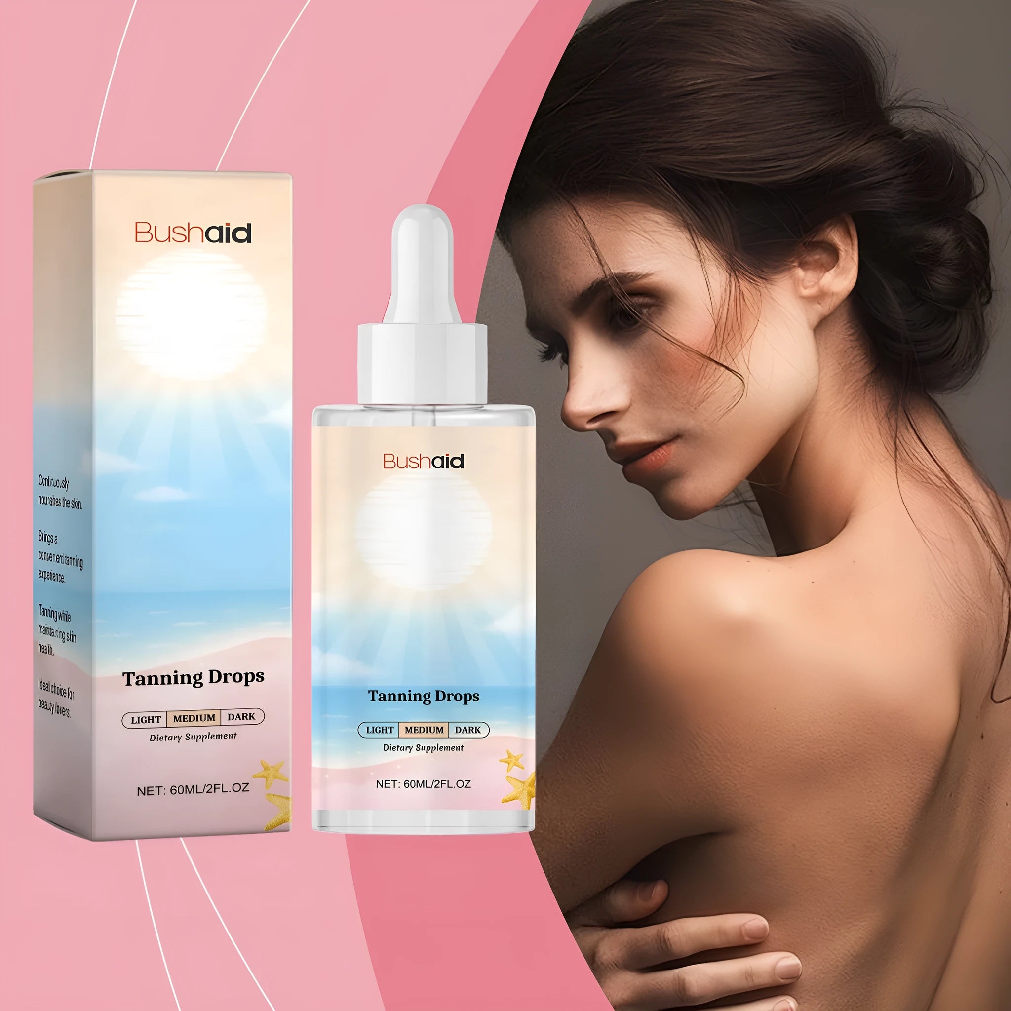 60ml bottle of tanning drops for face and body self-tanning without sunlight