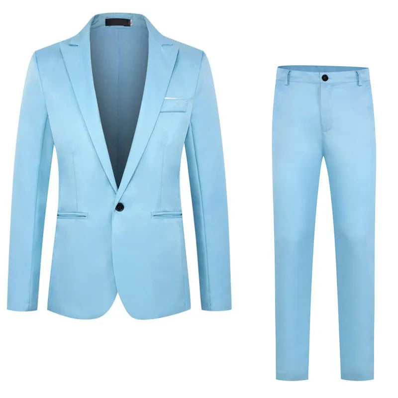 Loose fit men's acetate suit jacket for weddings in multiple colours including black, blue, and wine red.