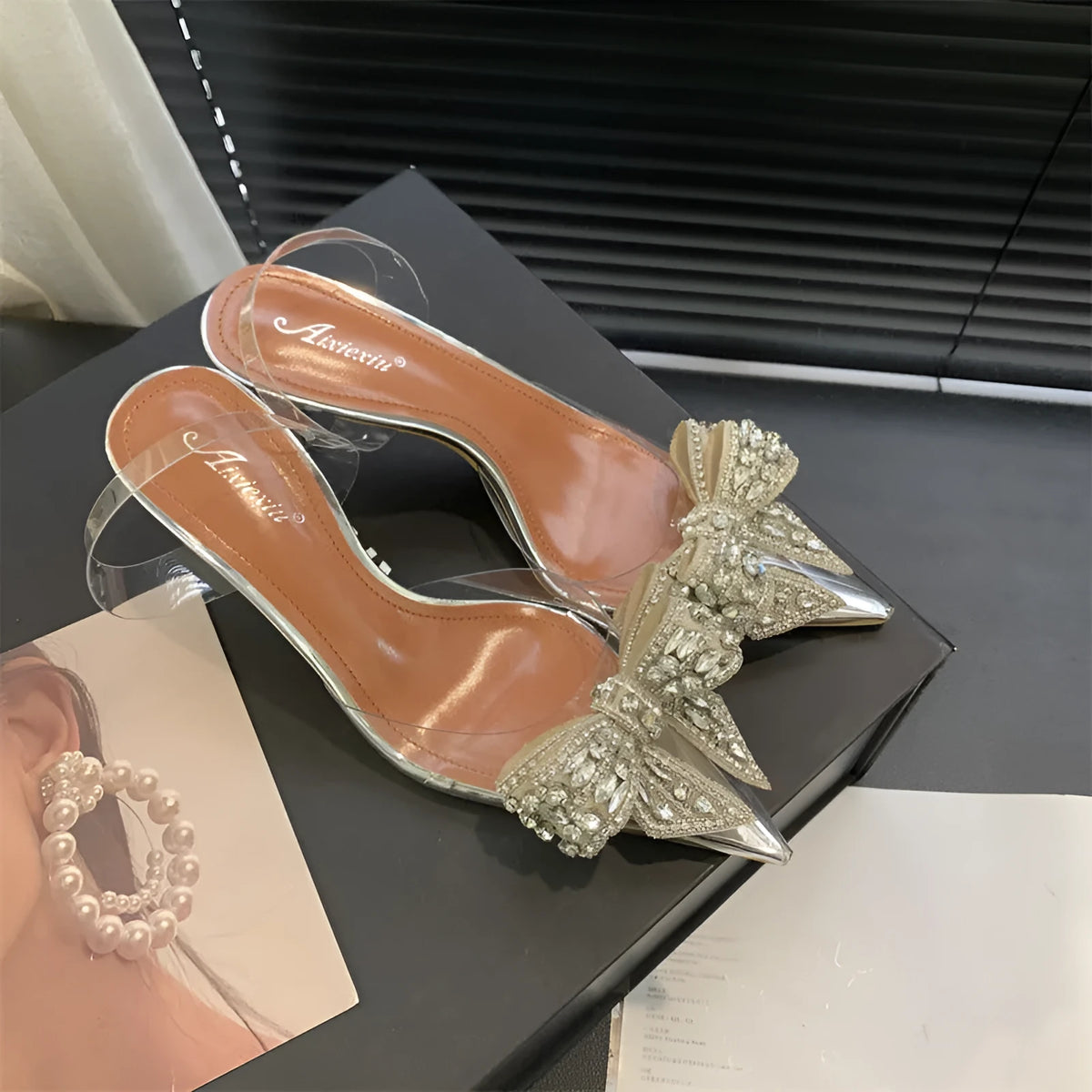 Silver pointed toe high heel sandals with bow and rhinestone detailing, microfiber upper, 6-8cm heel, slip-on
