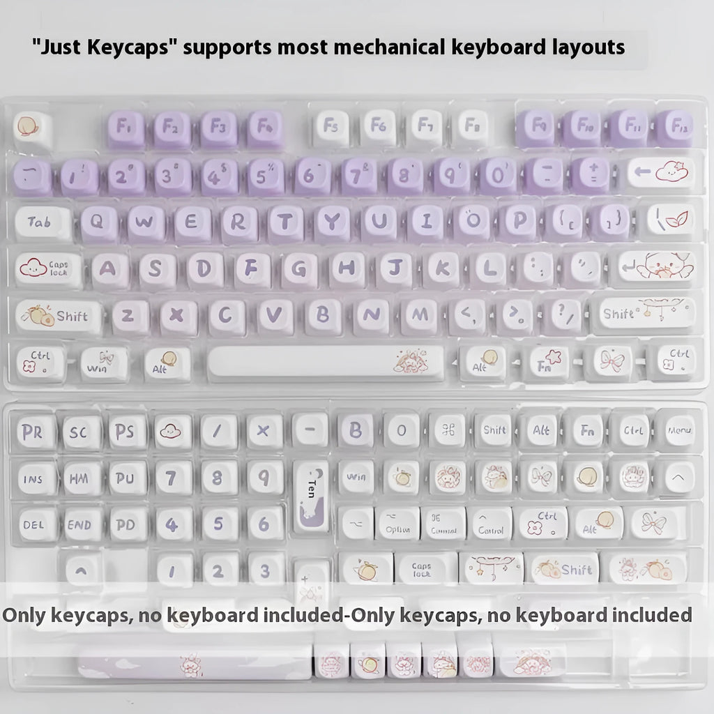 Set of purple gradient mechanical keyboard keycaps with white rabbit artwork.