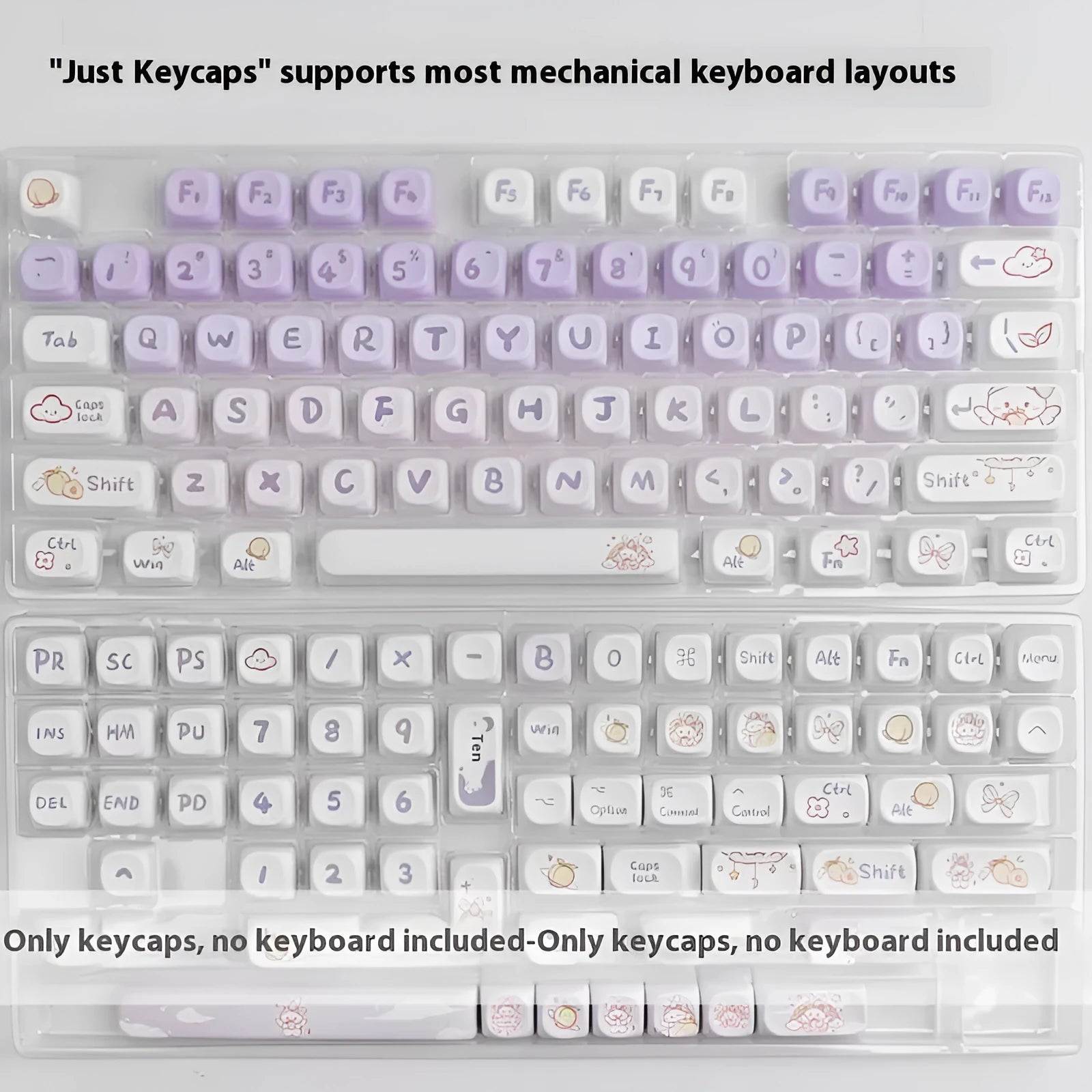 Set of purple gradient mechanical keyboard keycaps with white rabbit artwork.
