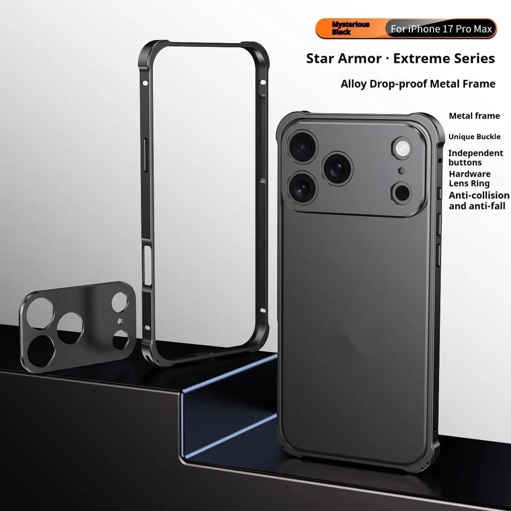 iPhone 17 mobile phone case with seahorse buckle and silver alloy metal frame on a black background.