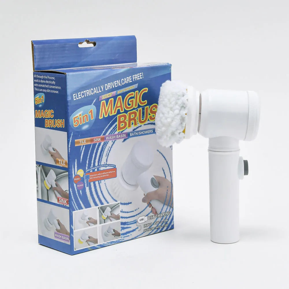 Rechargeable electric kitchen cleaning brush with multiple brush heads on a storage hook.