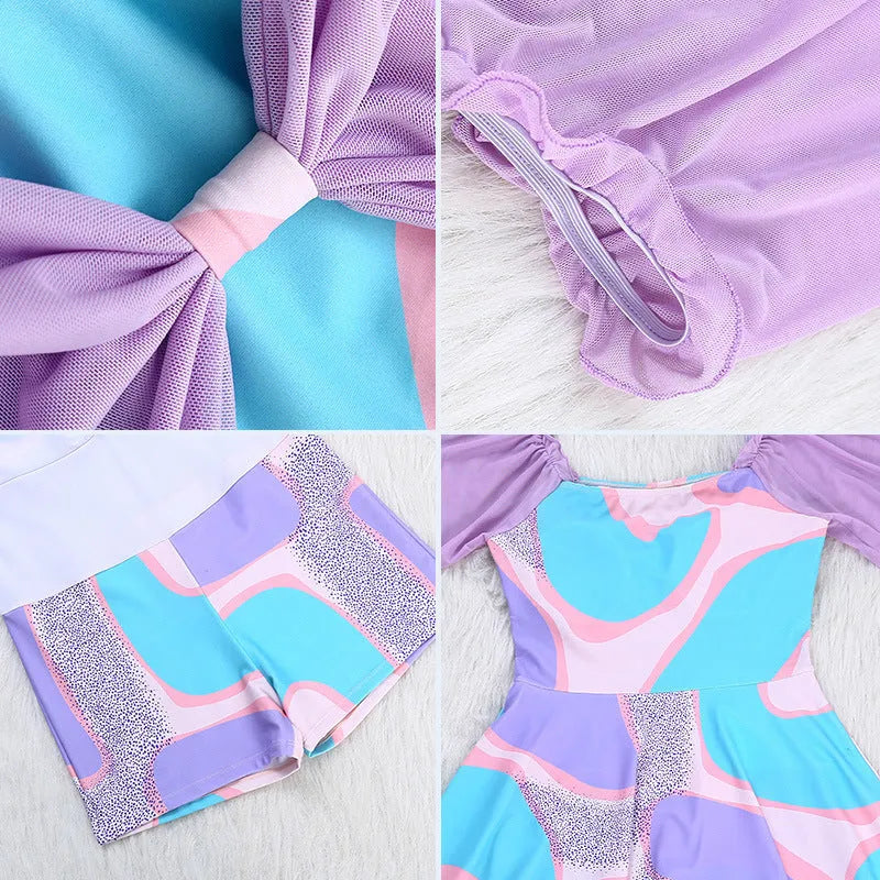 Women's high-waisted one-piece swimsuit with floral pattern in light purple or light blue colour