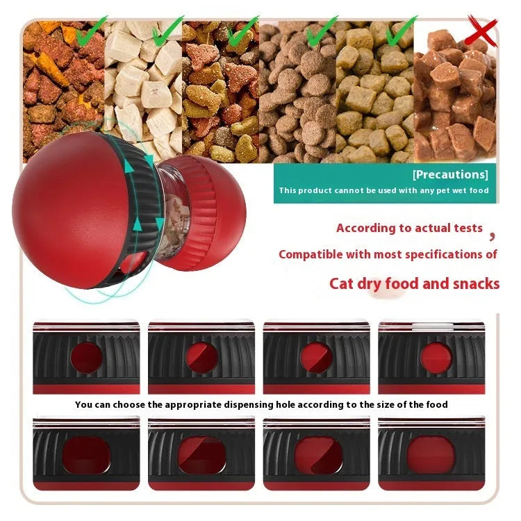 Plastic rotating cat toy with sound and food-dropping mechanism in super ball colour design.
