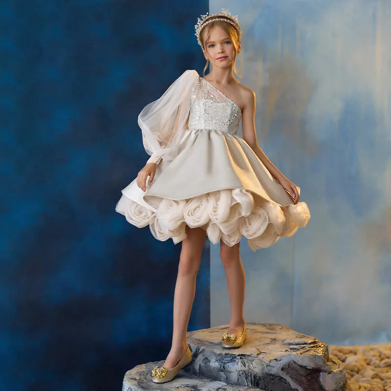 Girls apricot sling princess dress in polyester blend, sizes 100cm to 150cm