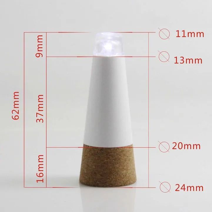 White plastic LED rechargeable luminous bottle cap cork light with integrated cork, shown on a wine bottle