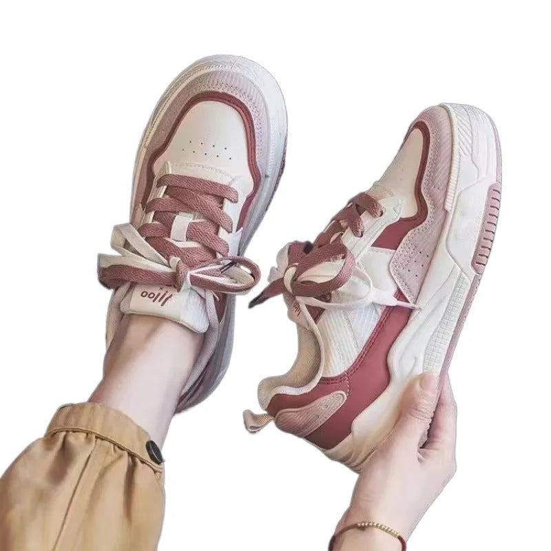 Beige and pink low-top rubber sneakers with height increasing soles for women