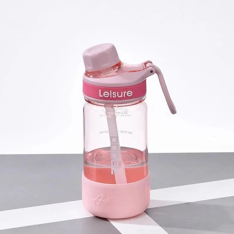 Grey, green, and pink plastic cups with cartoon designs in 520ml, 780ml, and 1000ml sizes
