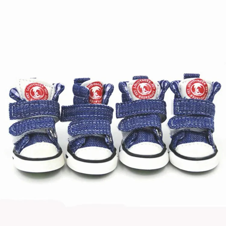 Small dog canvas shoes in blue or black, anti-slip cloth pet boots, sizes 1 to 5, set of 4.