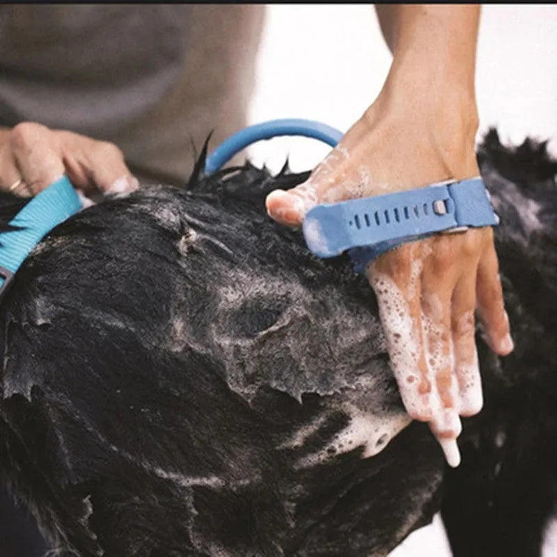 Blue pet bathing tool with silicone massage glove and 7.5ft hose for dogs