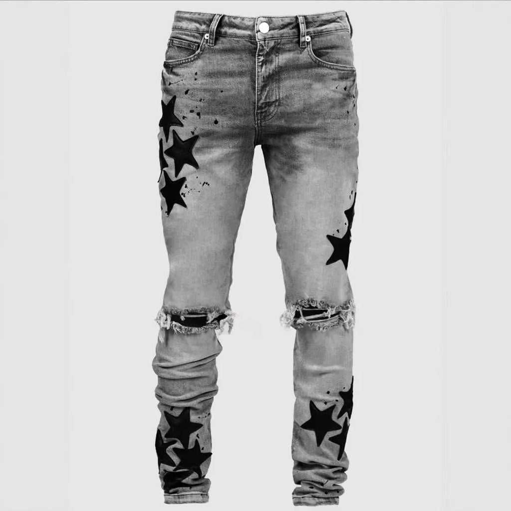 Men's slim fit blue jeans with embroidery detail and stretch fabric