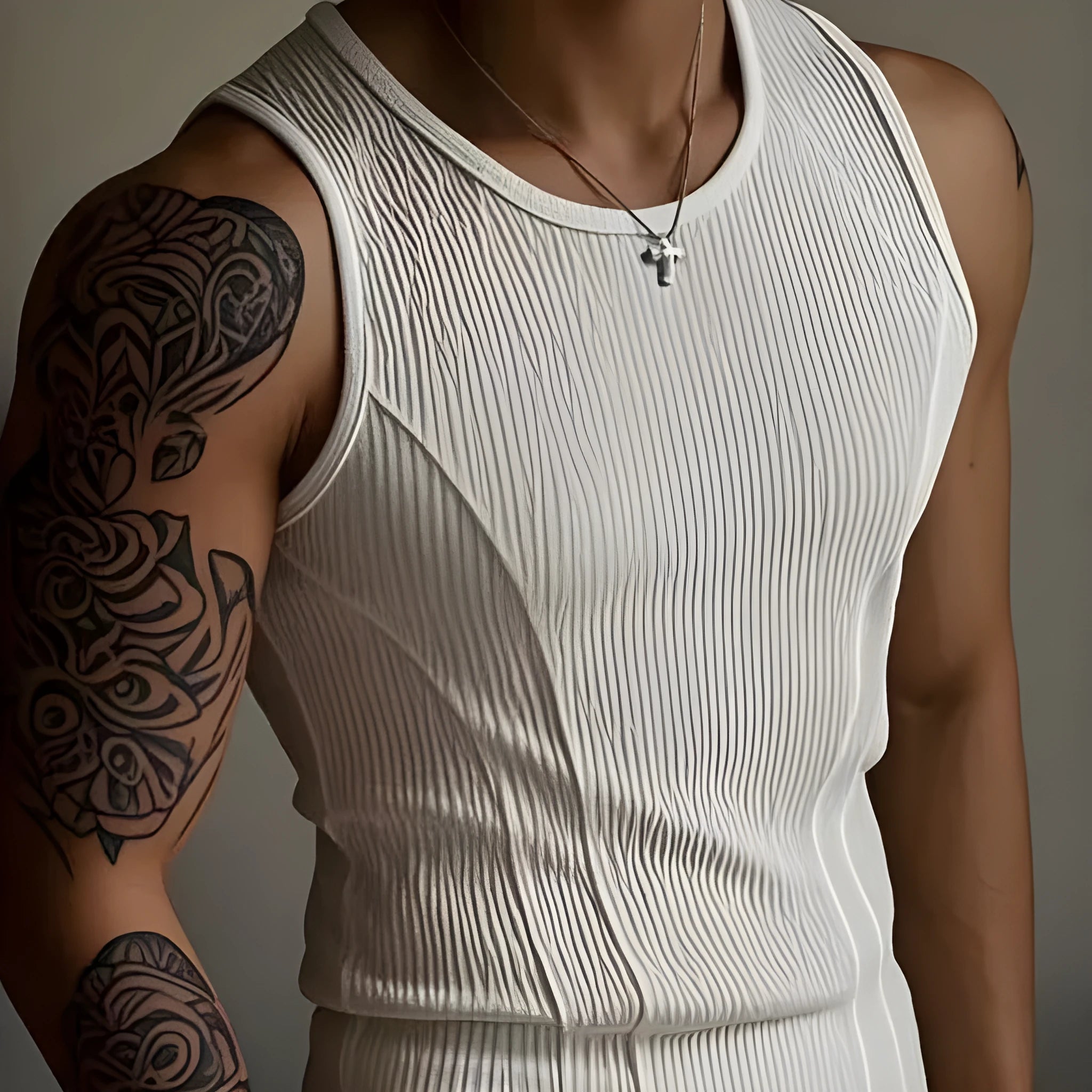 Men's tight fit black vest with American stitching I-shaped design on chest