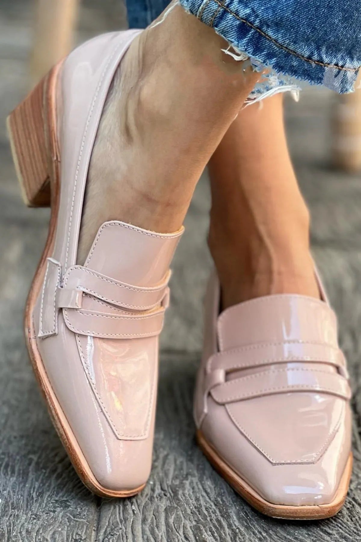 Women's slip-on square toe stiletto heels in light pink with imitation leather lining