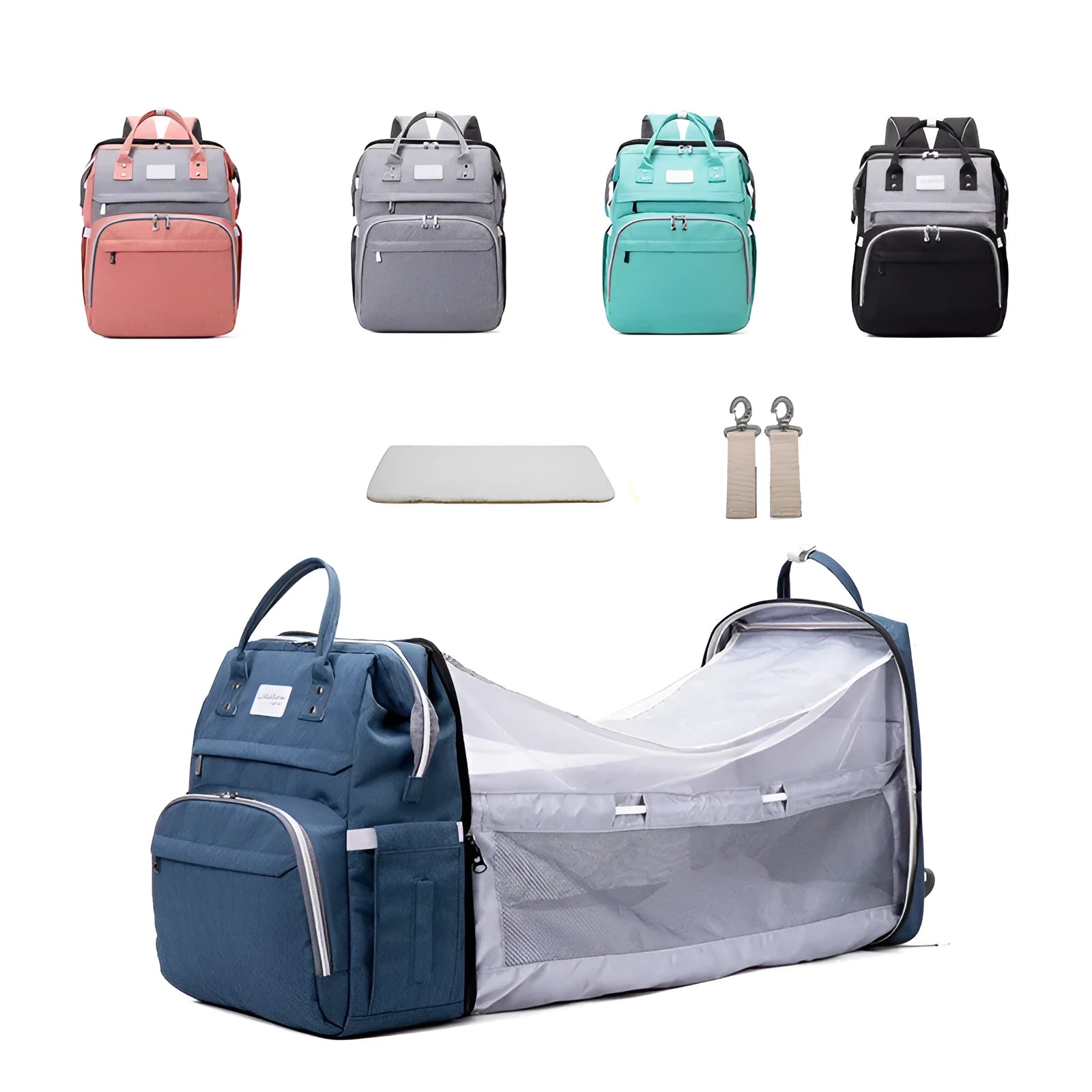 Upgraded multifunctional maternity diaper backpack in black with foldable portable crib and large capacity