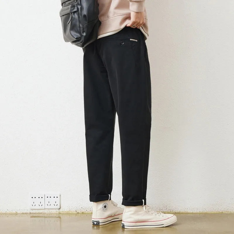 Men's loose wide-leg casual pants in dark gray, made from cotton blend with zipper fly, sizes 28-38.