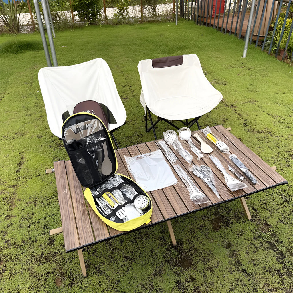 12-piece stainless steel picnic kitchenware set in portable storage bag with khaki exterior