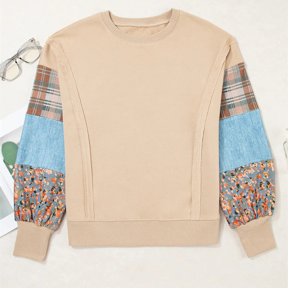 Women's casual loose top with striped plaid pattern, long sleeves, and Japanese Korean styling in beige colour