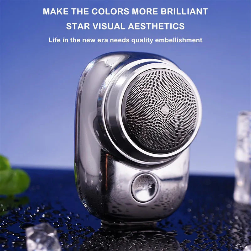 Mini portable USB rechargeable electric shaver with rotary 1-blade head, aluminium body, silver colour, wet and dry use