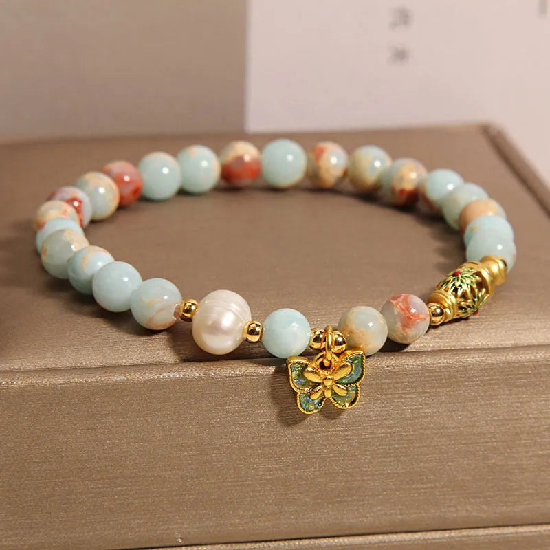 Blue freshwater pearl bracelet with Shoushan stone butterfly pendant for women
