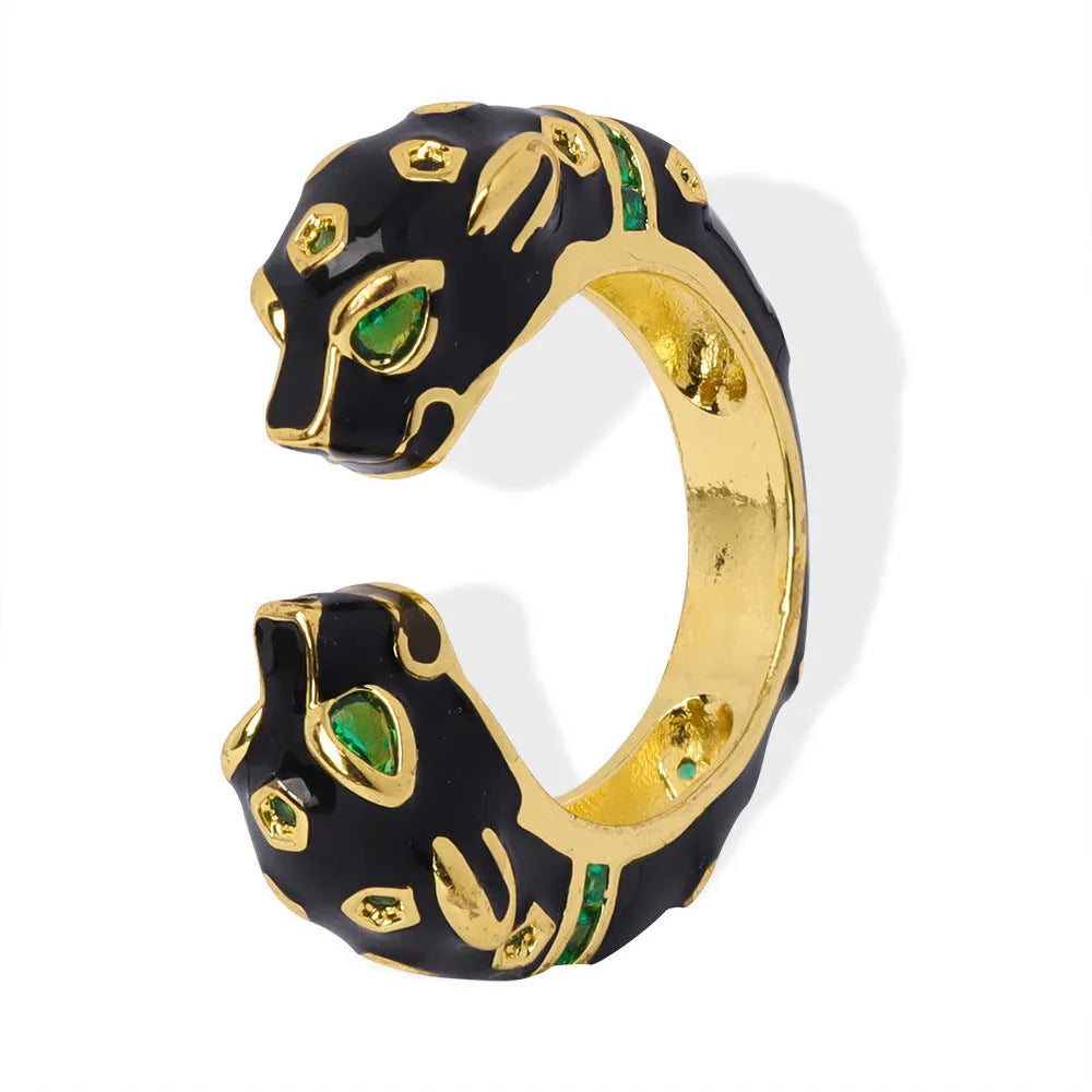 Women's black cheetah pattern geometric open ring with oil drip effect, size no.7
