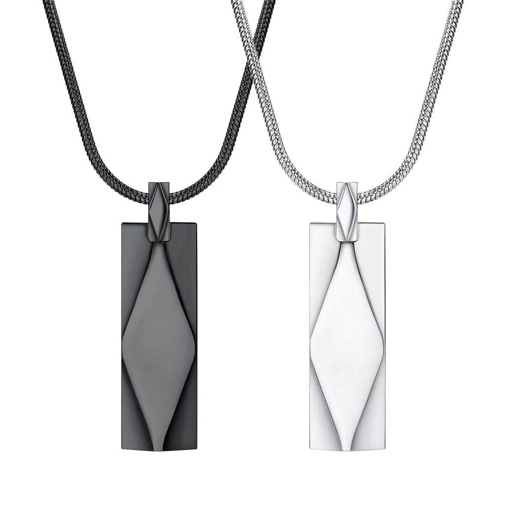 Stainless steel rectangular three-dimensional diamond geometric necklace in steel or black with chain