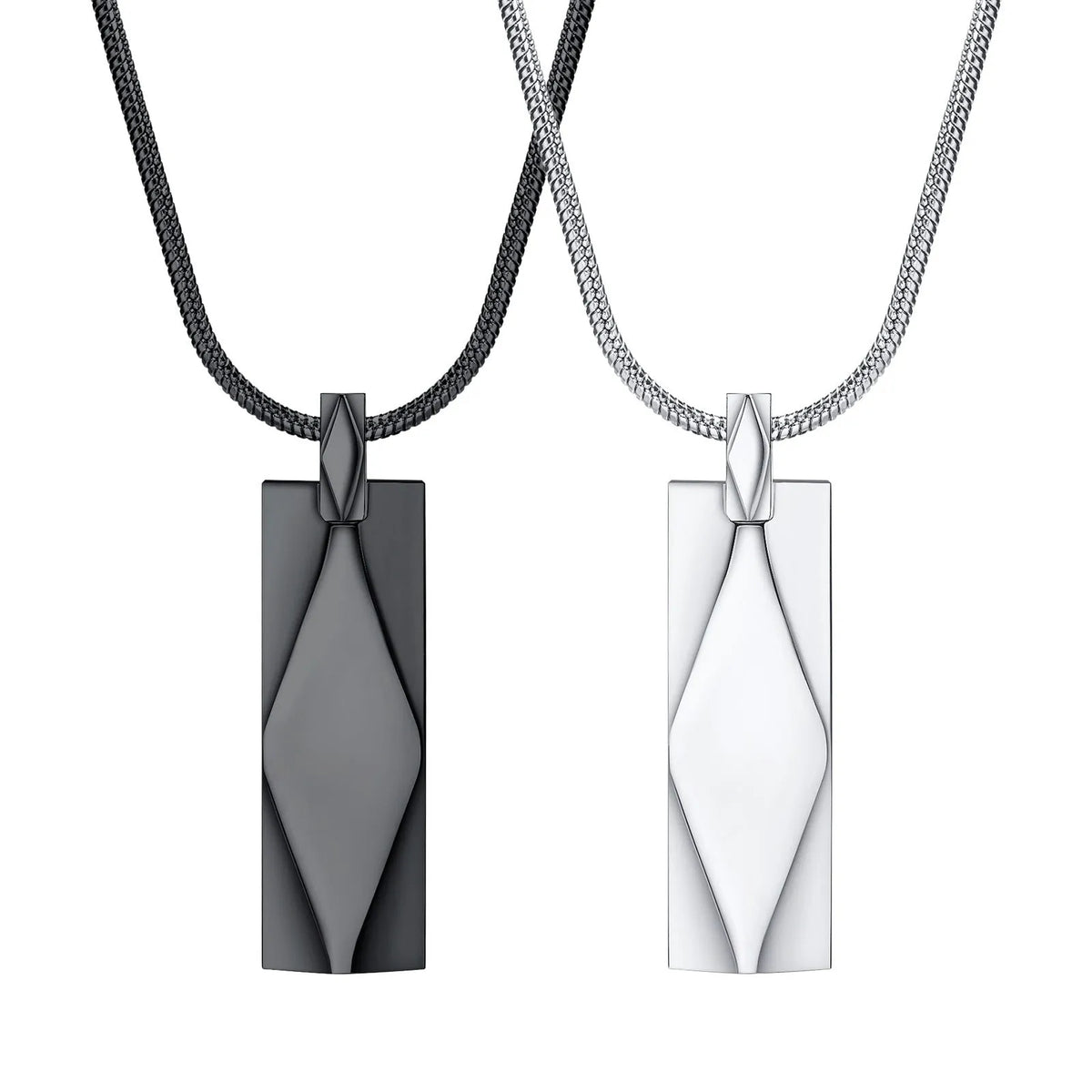 Stainless steel rectangular three-dimensional diamond geometric necklace in steel or black with chain