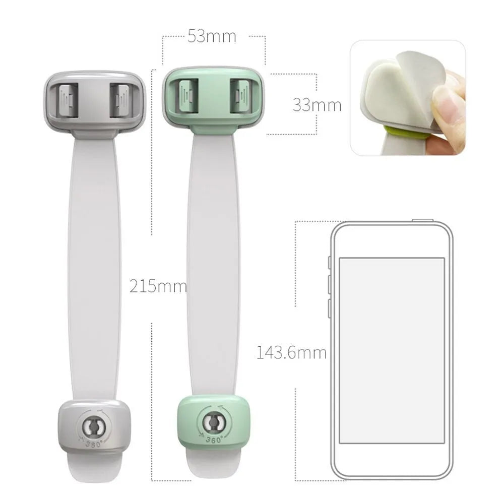 Adjustable child safety cabinet lock with strap showing grey colour and adhesive backing