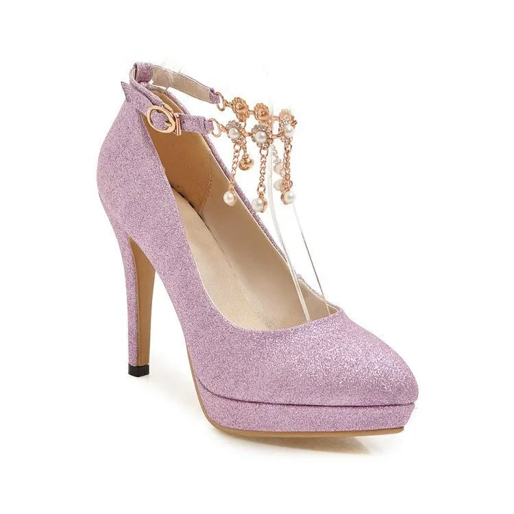 Women's blue platform stiletto high heels with pointed toe on a white background