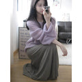 Women's purple round neck lightweight sweater with princess sleeves and hollow out design.