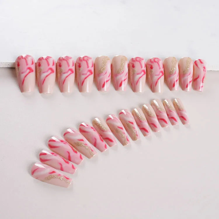 One Second Wearable Manicure set showing 24 blush-coloured false nails with rose, tulip, leopard print, and XINGX patterns and glue.