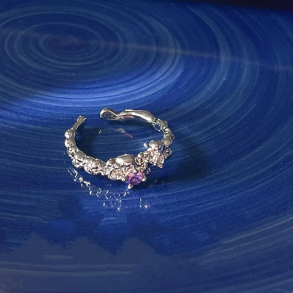Lava purple diamond geometric open mouth ring for women, zinc alloy, dot element, light luxury finish
