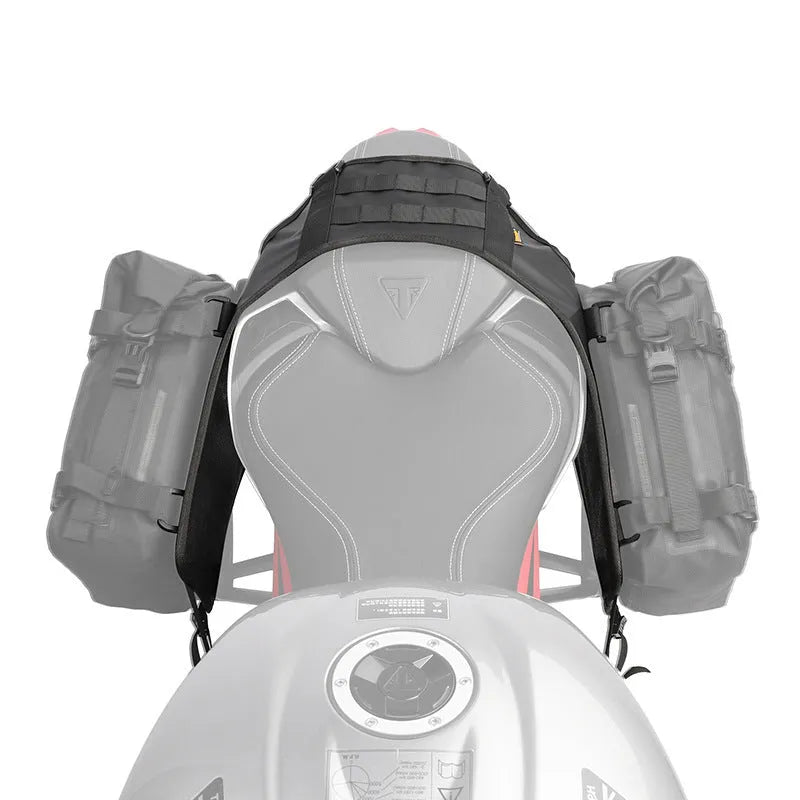 Black polyester motorcycle fuel tank mount base saddle shown flat, measuring 100cm by 40cm.