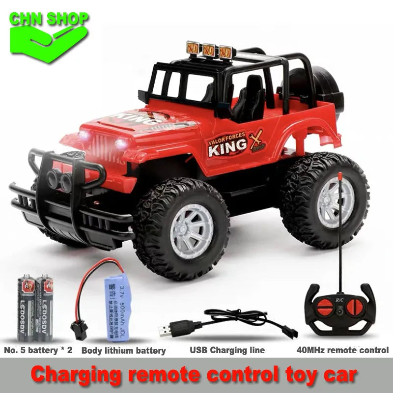Blue or red USB rechargeable remote control toy car with 40MHz wireless handle controller for children.