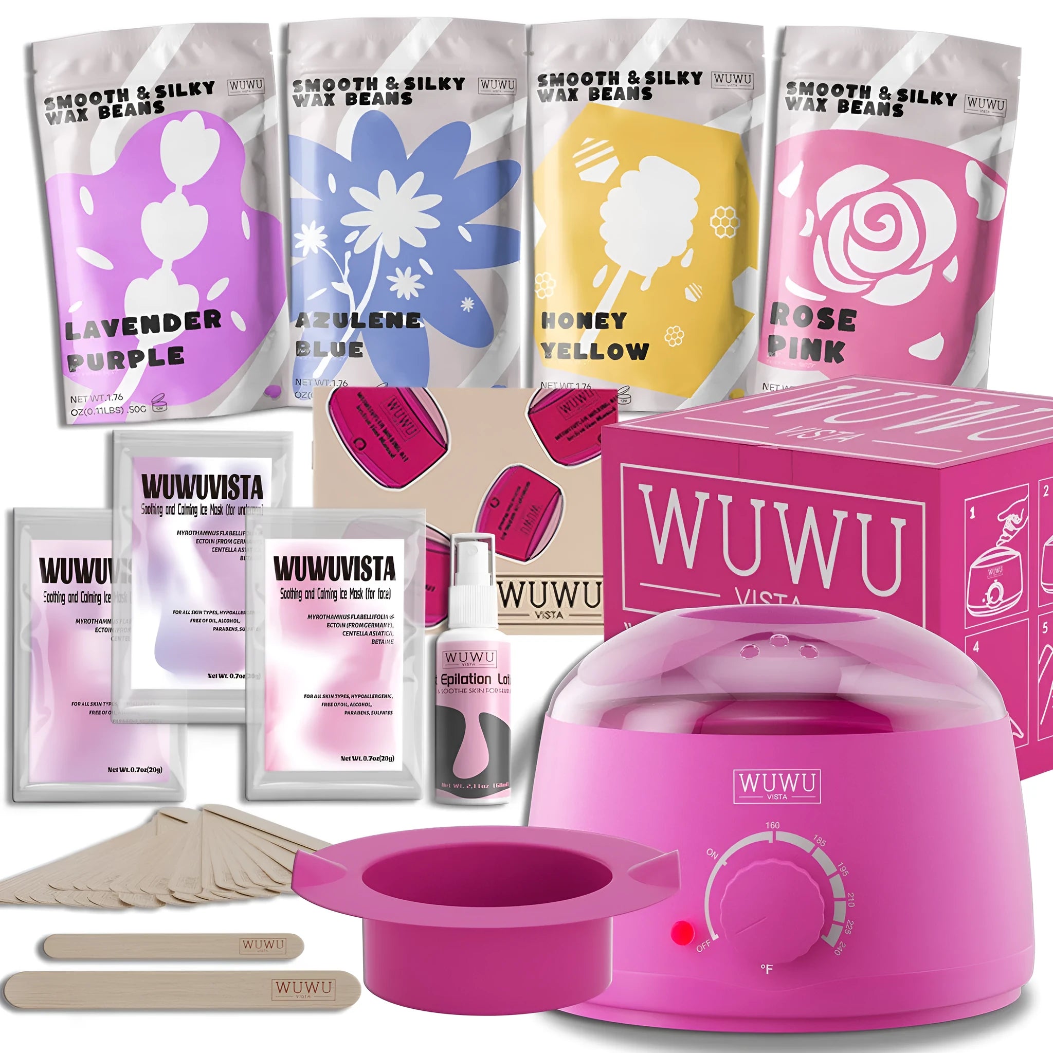 Waxing gift set with black wax warmer, wax beans, application sticks, aftercare lotion, and cooling masks.