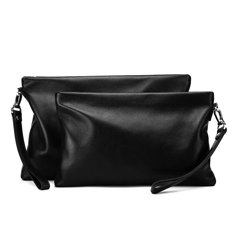 Men's genuine leather casual clutch bag in black or brown, business commute style, solid colour pattern