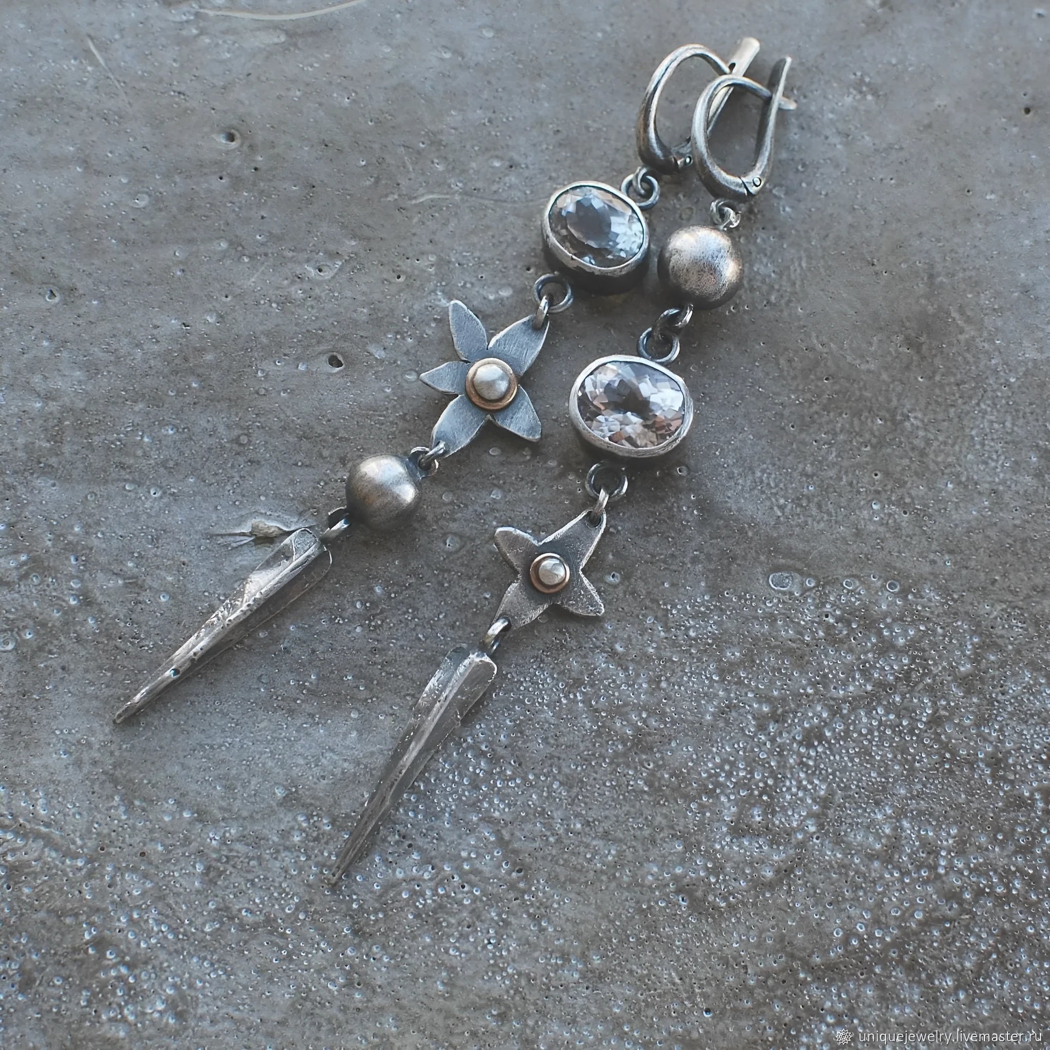 Antique silver geometric XINGX pendant earrings with rhinestone detailing