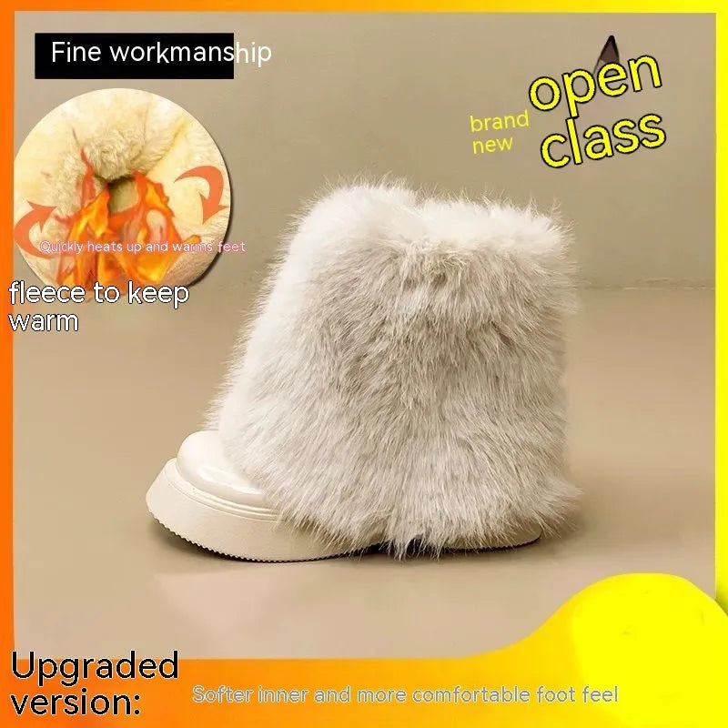 Women's solid-colour snow boots with fleece lining, rubber sole, and mid-heel, in black or white.