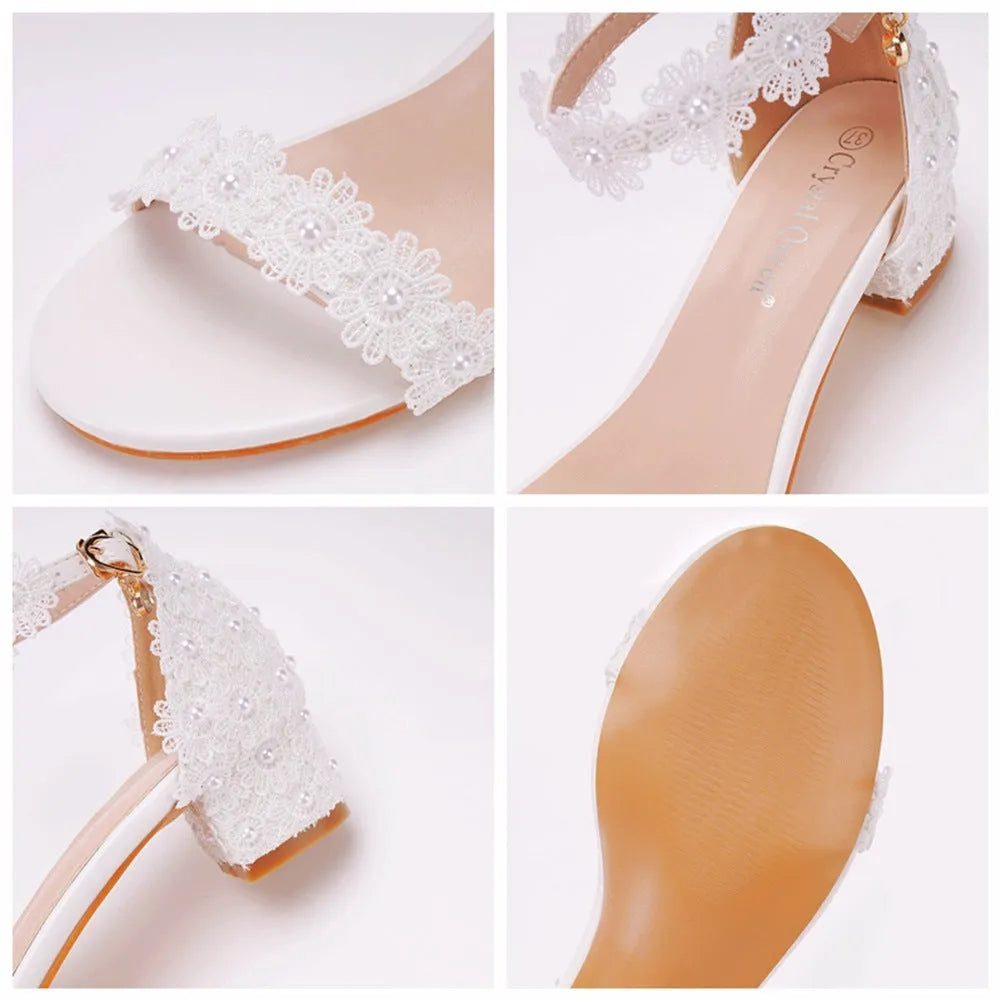 Women's shallow mouth square heel sandals with bead detail, white colour, PU upper