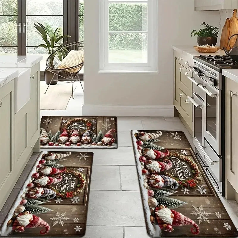 Two-piece Christmas cartoon kitchen mat set with anti-slip polyester suede surface
