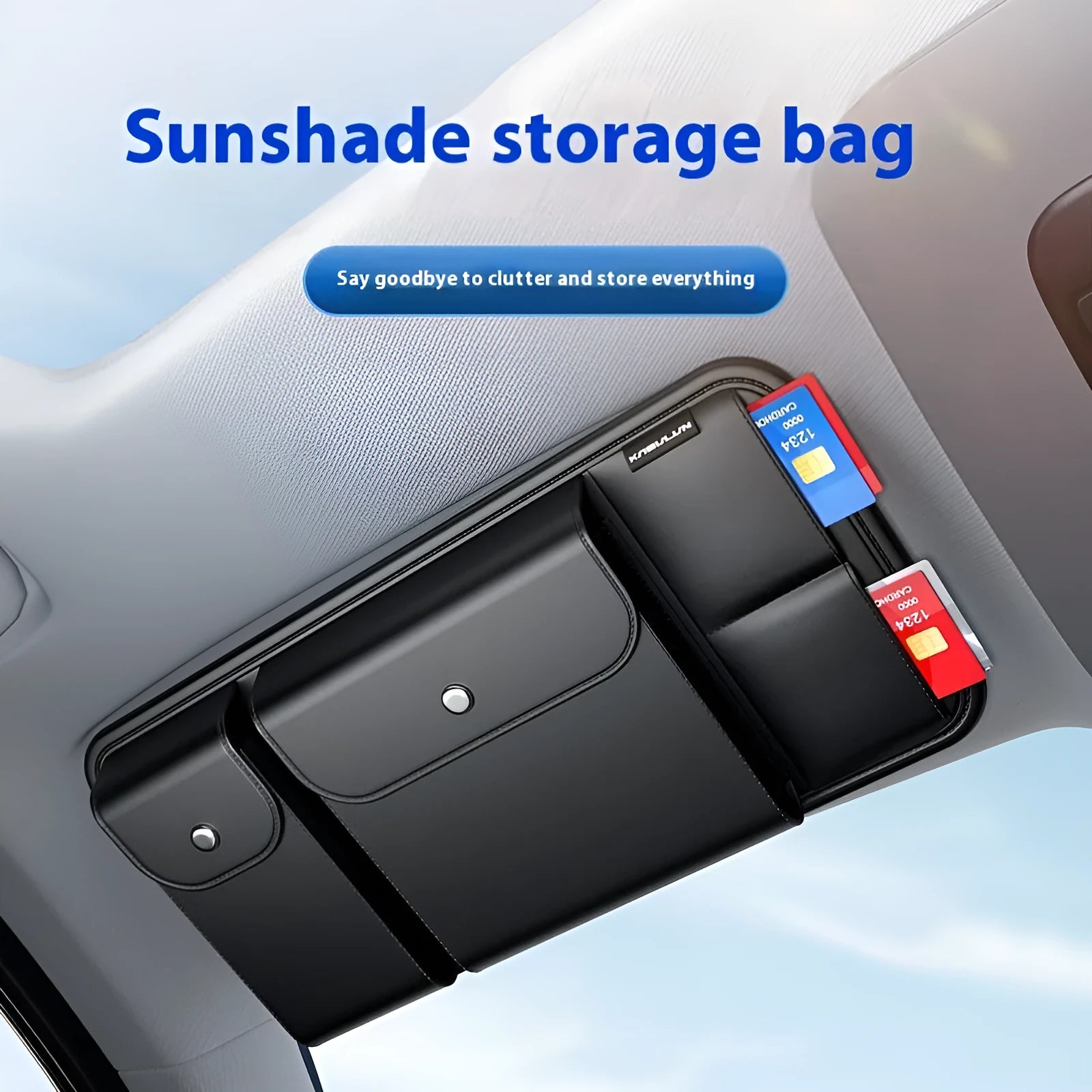 Black PVC car sun visor glasses clamp with storage bag, dimensions 32cm x 3.5cm x 16cm