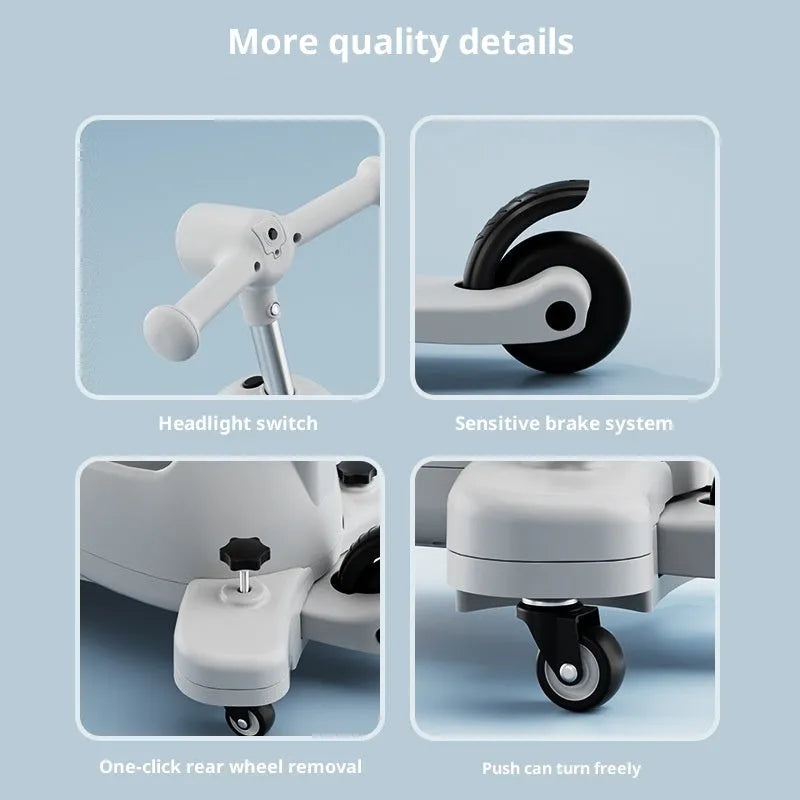 Kids 3-in-1 scooter with aluminium frame, available in five colours with push rod or fence options