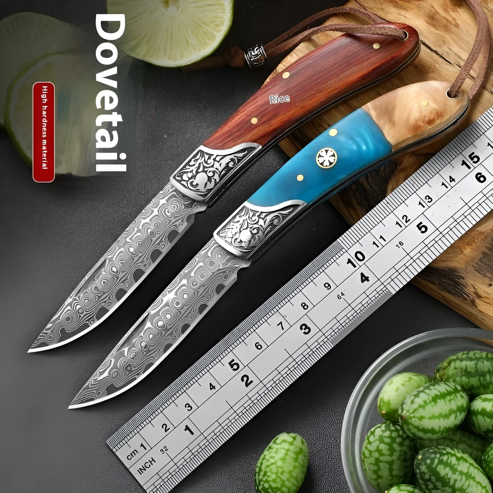 VG10 folding mini outdoor knife showing stainless steel blade and dovetail pattern in blue or red