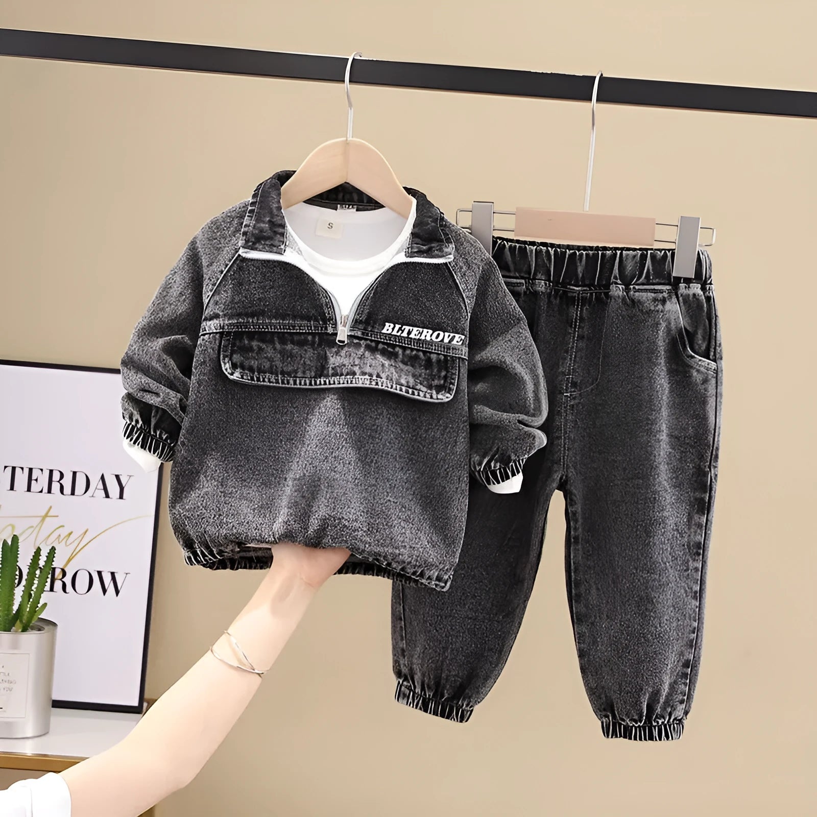 Boys' black denim two-piece suit set with long sleeves and coordinated trousers