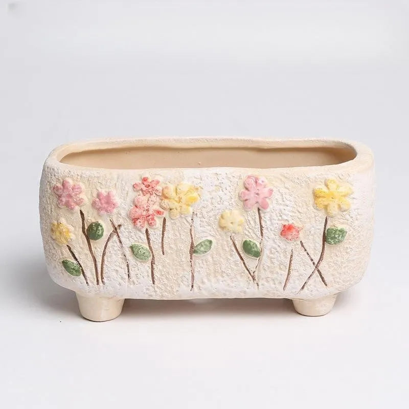 Hand-painted rectangular ceramic flower pot for succulents measuring 13.7cm long by 6.2cm wide