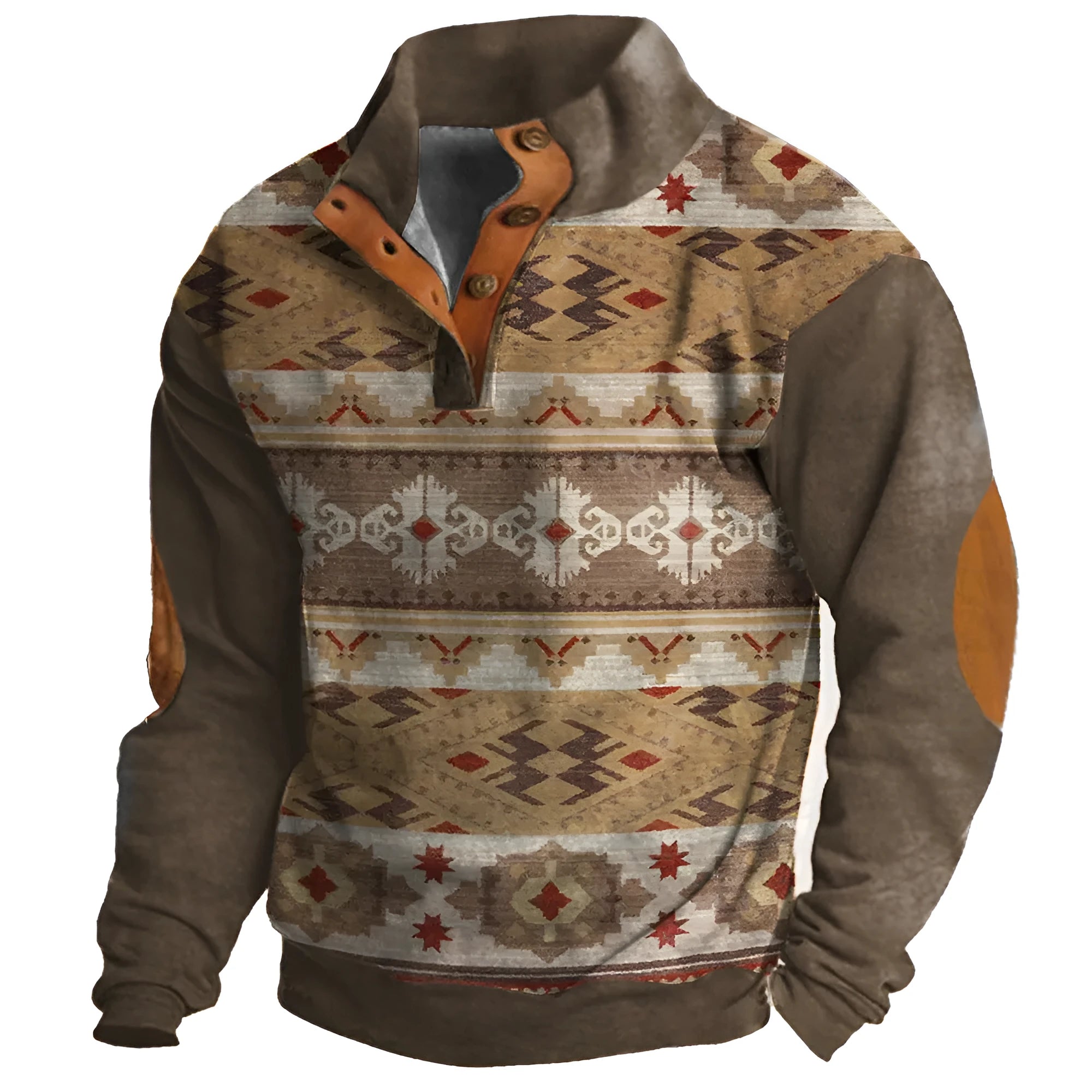 Man wearing a loose fit grey sweater with a blue 3D digital print pattern and four buttons down the front.