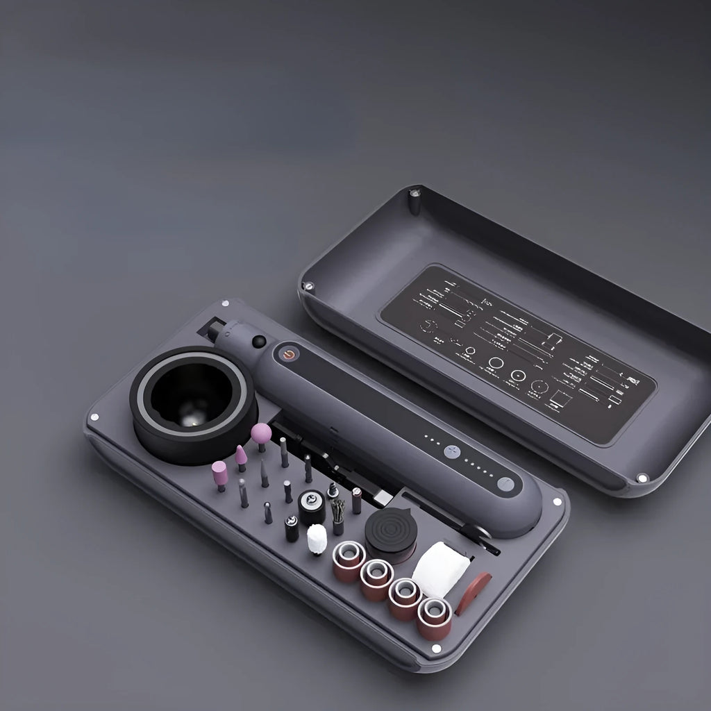 Compact black mini electric grinder set with chuck for cutting and polishing